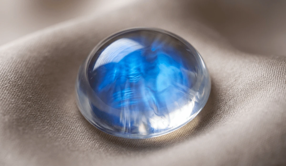 Macro shot of a high-quality moonstone exhibiting blue adularescence and a ghostly inner glow.