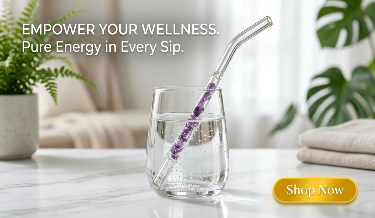 High-end Reusable Amethyst Crystal Straw for Intuition and Calm, featuring purple gemstones in a clear glass straw on a marble surface with Shop Now button.