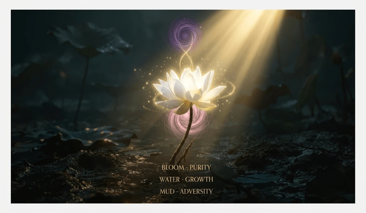 Symbolic image of a lotus flower rising from muddy water to represent resilience and spiritual enlightenment.