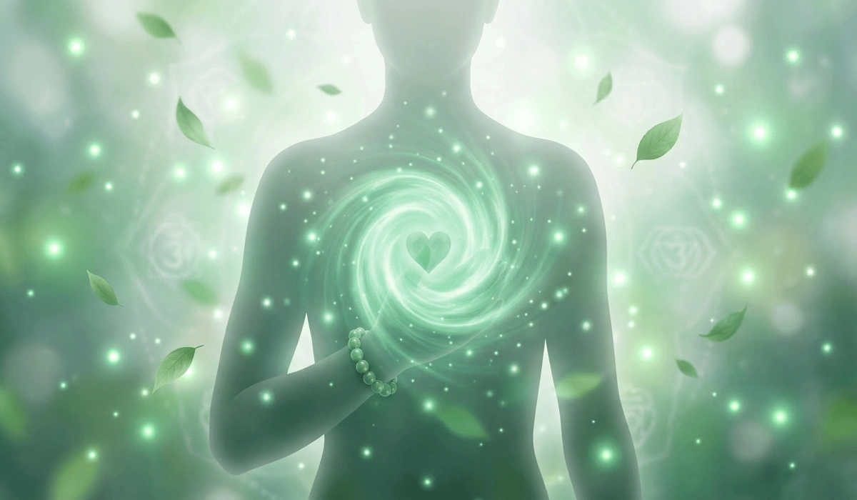 Spiritual visualization of Green Aventurine energy connecting to the Heart Chakra for emotional balance.