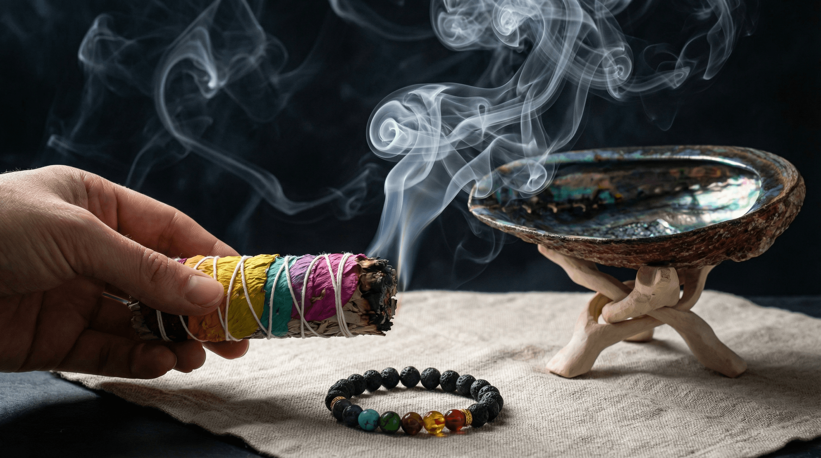 Cleansing a 7 chakra bracelet using a white sage smudging ritual to remove negative energy.