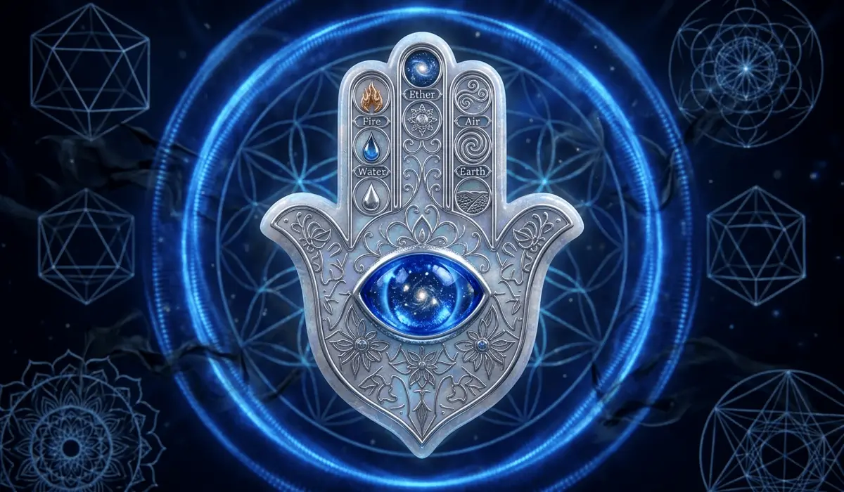A detailed visual representation of the Hamsa Hand's sacred geometry and the central all-seeing eye used for spiritual alignment.