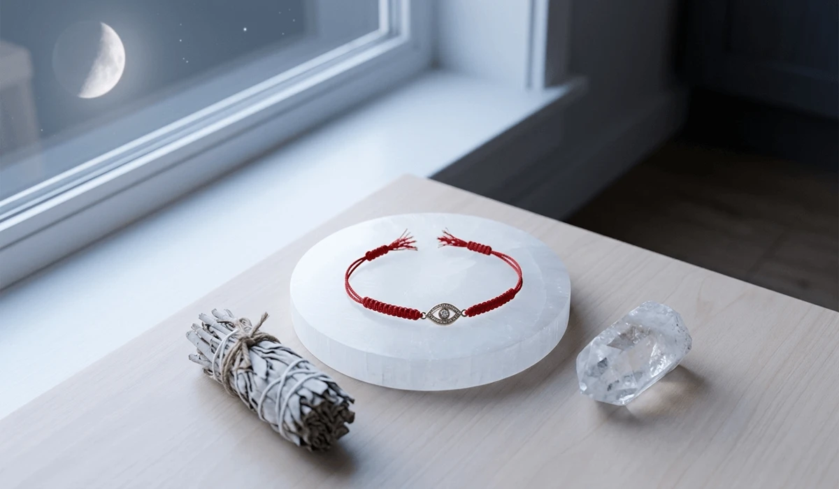A broken red string bracelet on a selenite plate with cleansing sage, symbolizing the completion of its protective mission.