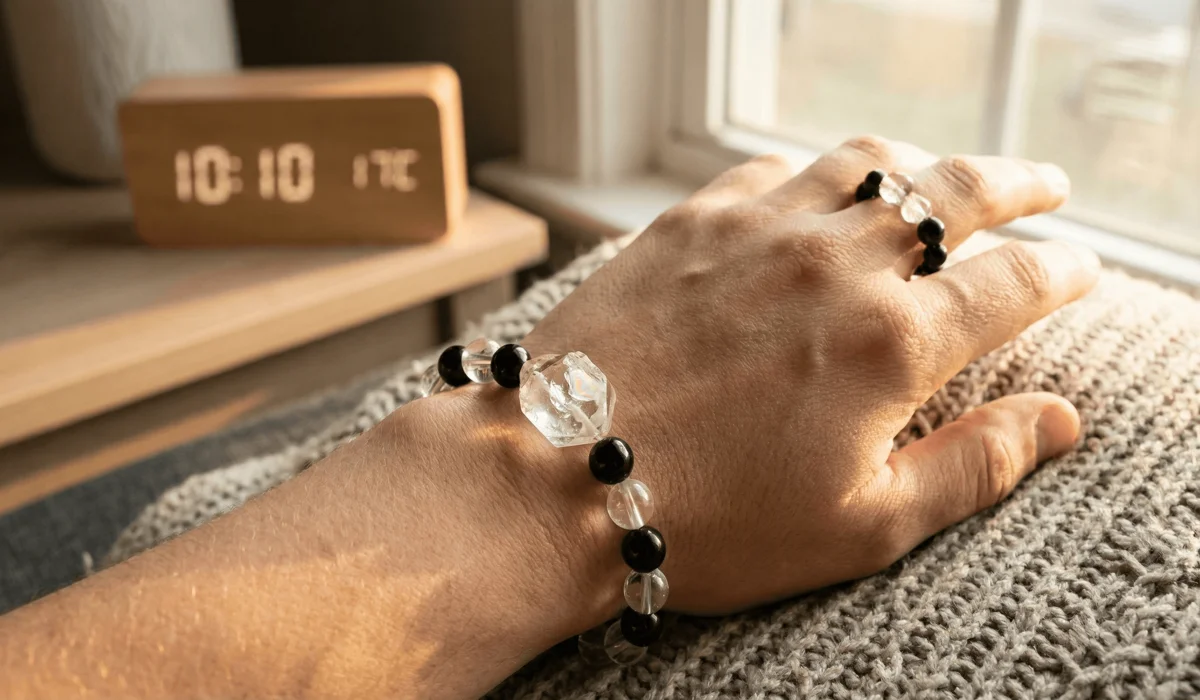 Close-up of spiritual crystal jewelry with 1010 manifestation energy and clear quartz.