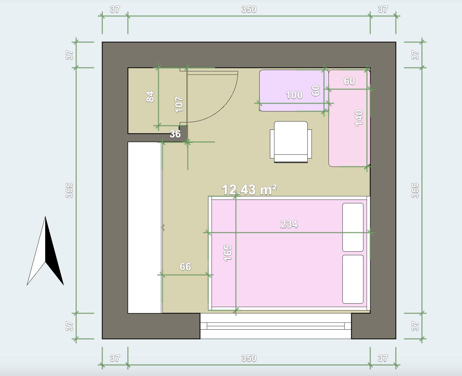 A floor plan drawing showing a small room layout for Feng Shui optimization.