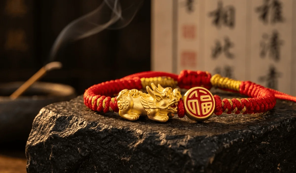 A detailed close-up of a gold Pixiu charm on a braided red string bracelet, representing wealth and ancient Chinese protection symbols.