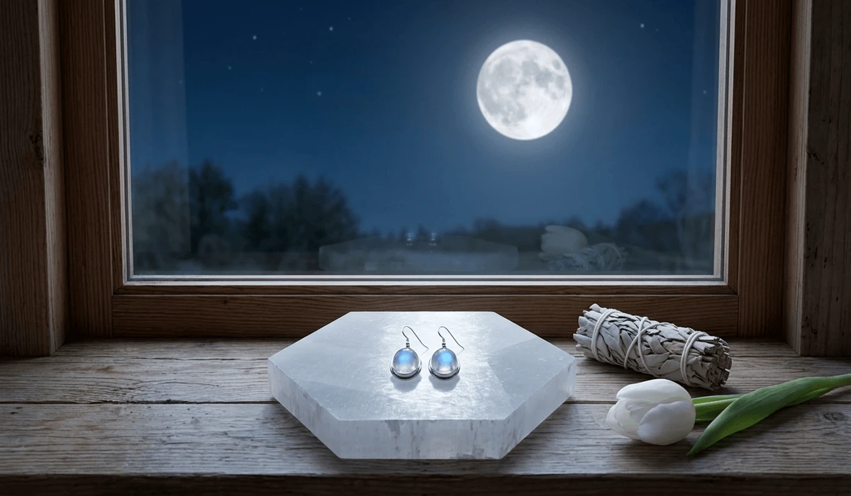 Moonstone earrings being charged under full moonlight on a selenite plate with sage.