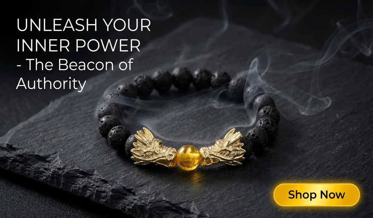 Power-Attracting Double Dragon Head Lava Stone Amber Bracelet for authority and prosperity, high-end jewelry SEO blog illustration with Shop Now button.