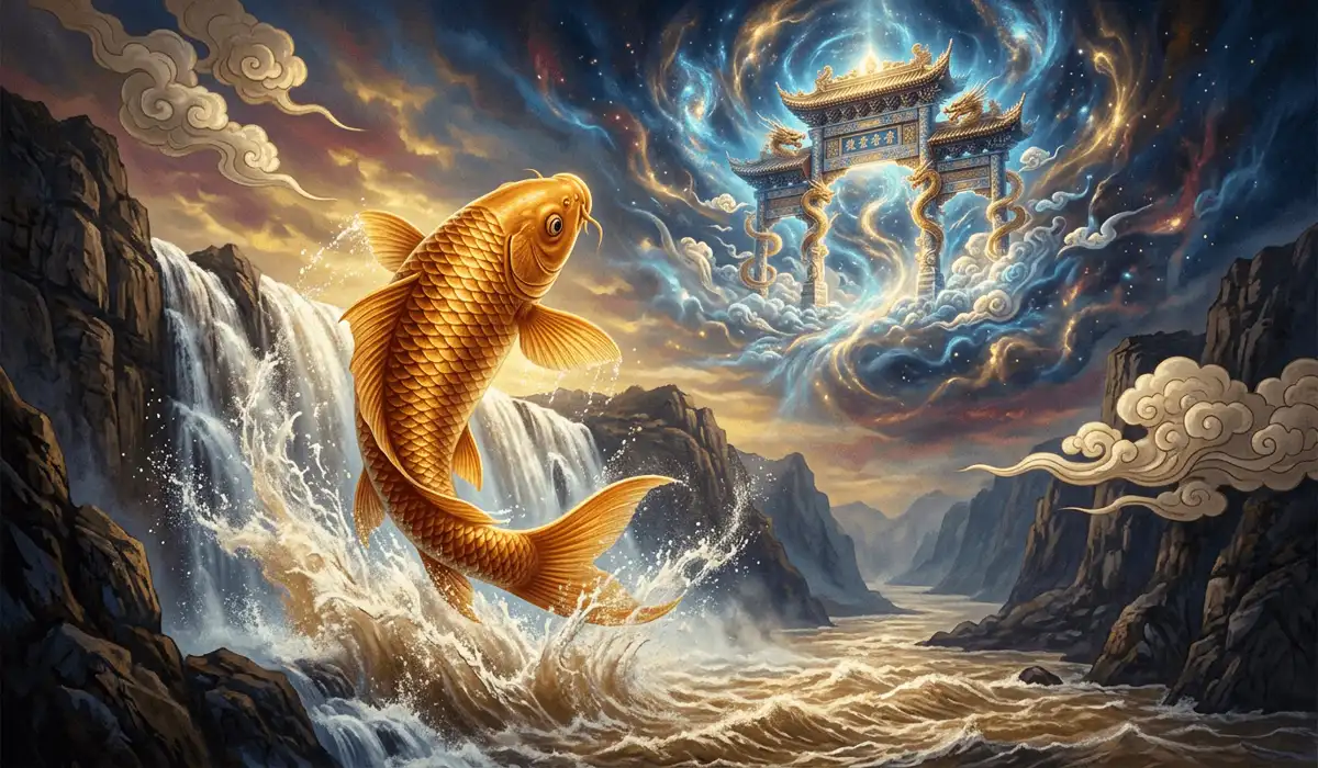 A golden koi fish leaping through dynamic waterfall currents towards the mystical celestial Dragon Gate in ancient Chinese legend.