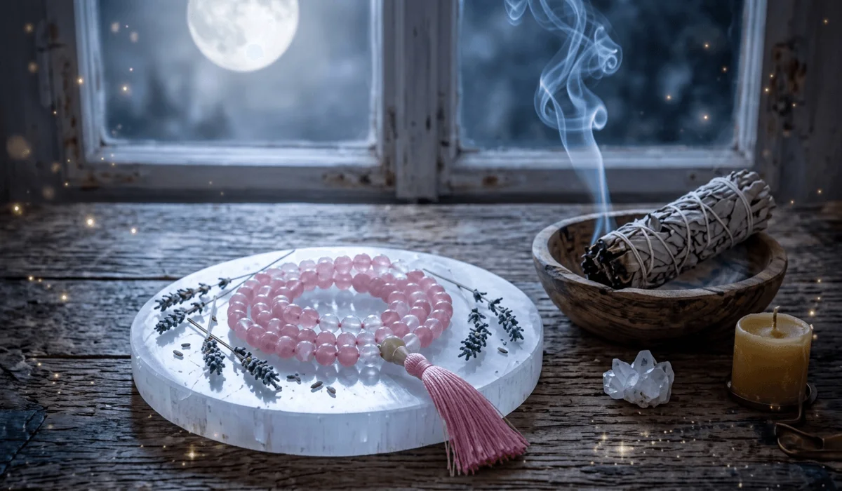 Rose quartz mala beads being cleansed with sage smoke on a selenite charging plate under soft moonlight for spiritual maintenance.