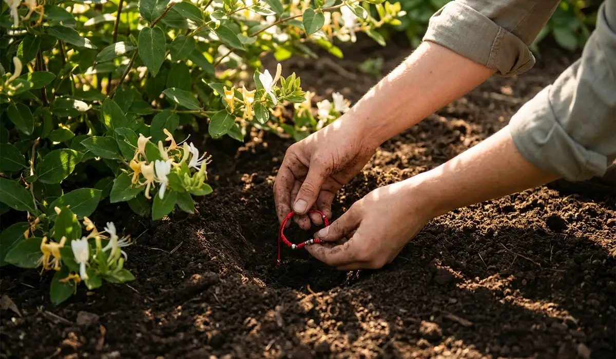 A person burying a broken protection bracelet in a garden as a respectful spiritual disposal ritual.