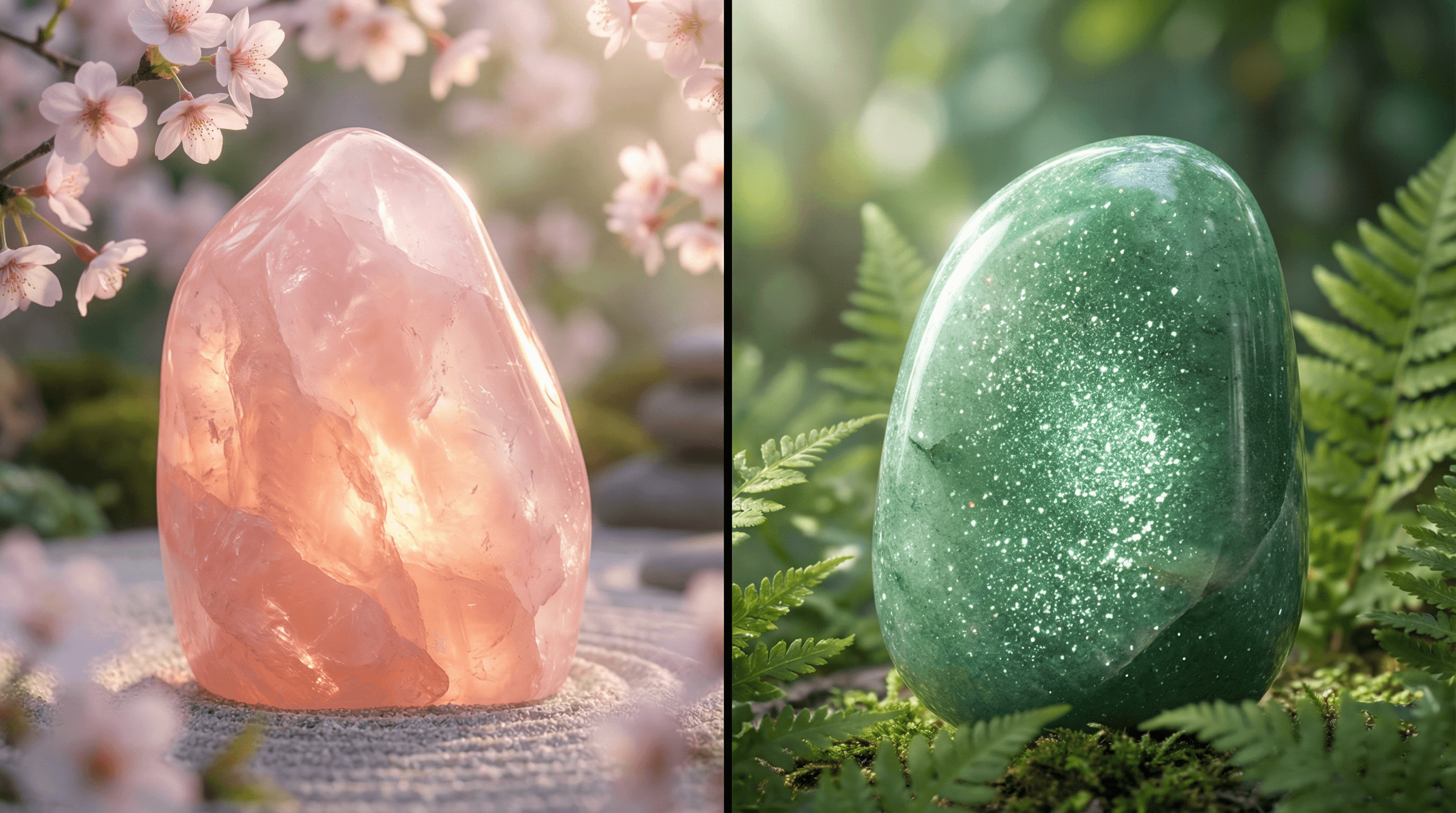 Comparison of Rose Quartz and Green Aventurine crystals for Heart Chakra healing, showing pink and green stones in a zen setting.