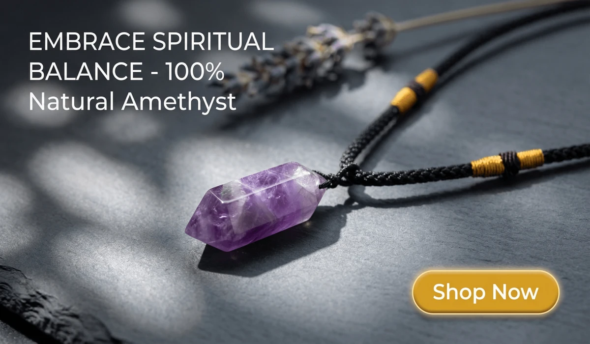 Amethyst Serenity Necklace for spiritual balance and healing, featuring a natural purple crystal pendant on a black cord, high-end jewelry for meditation and wellness.