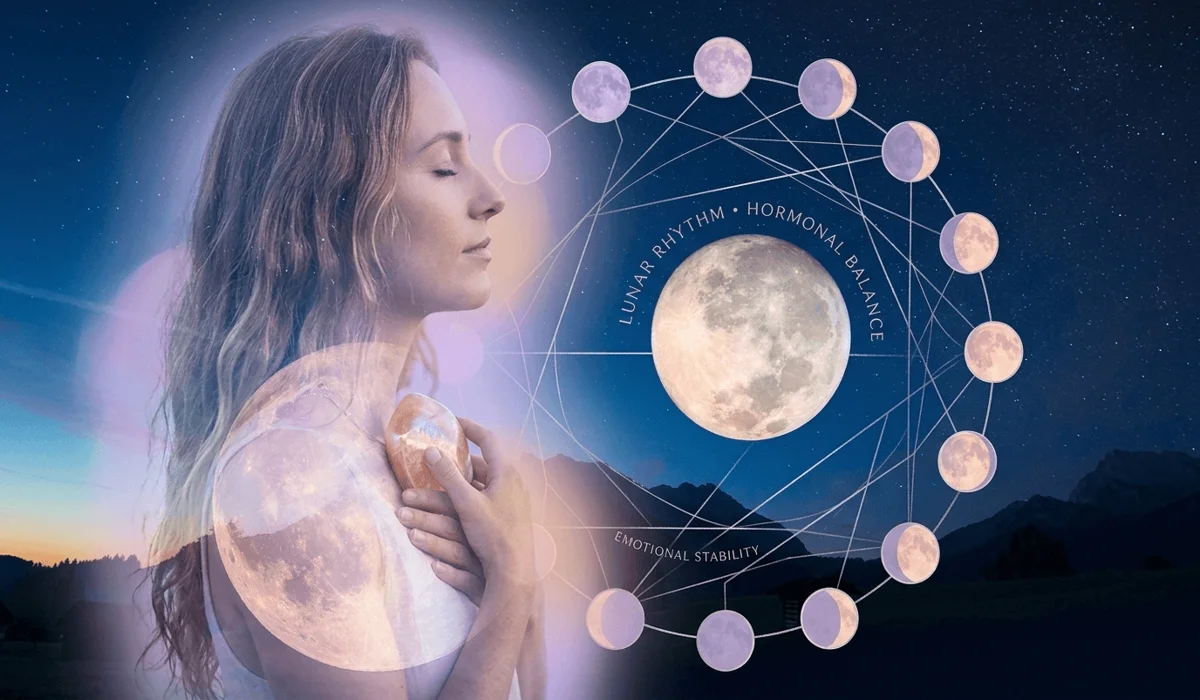 Double exposure of moon phases and a calm woman holding a peach moonstone, illustrating hormonal balance and emotional stability benefits. 