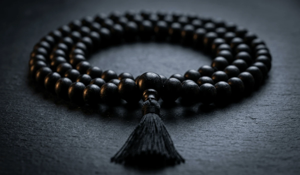 Close-up of authentic 108 Karungali Ebony wood mala beads with a Guru bead and black tassel for Japa meditation.