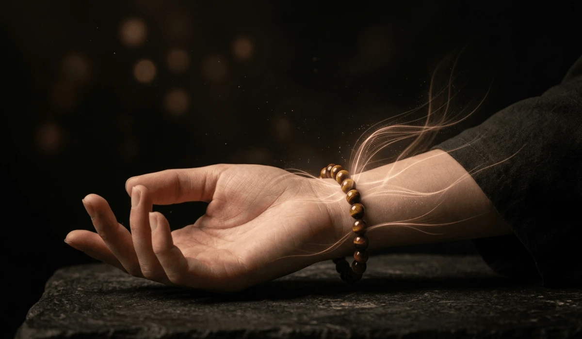 Spiritual gemstone bracelet on a wrist with glowing light effects representing energy flow and mindfulness.