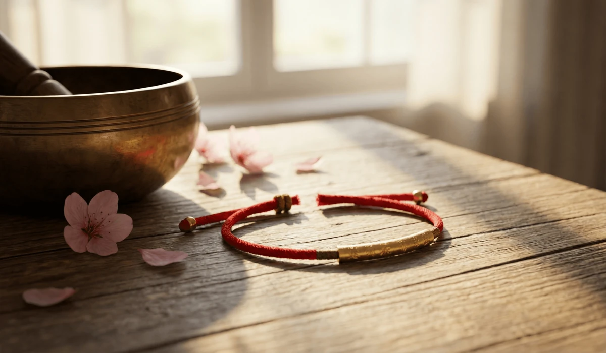 A broken red Tibetan string bracelet on wood representing the Buddhist concept of impermanence and protection.