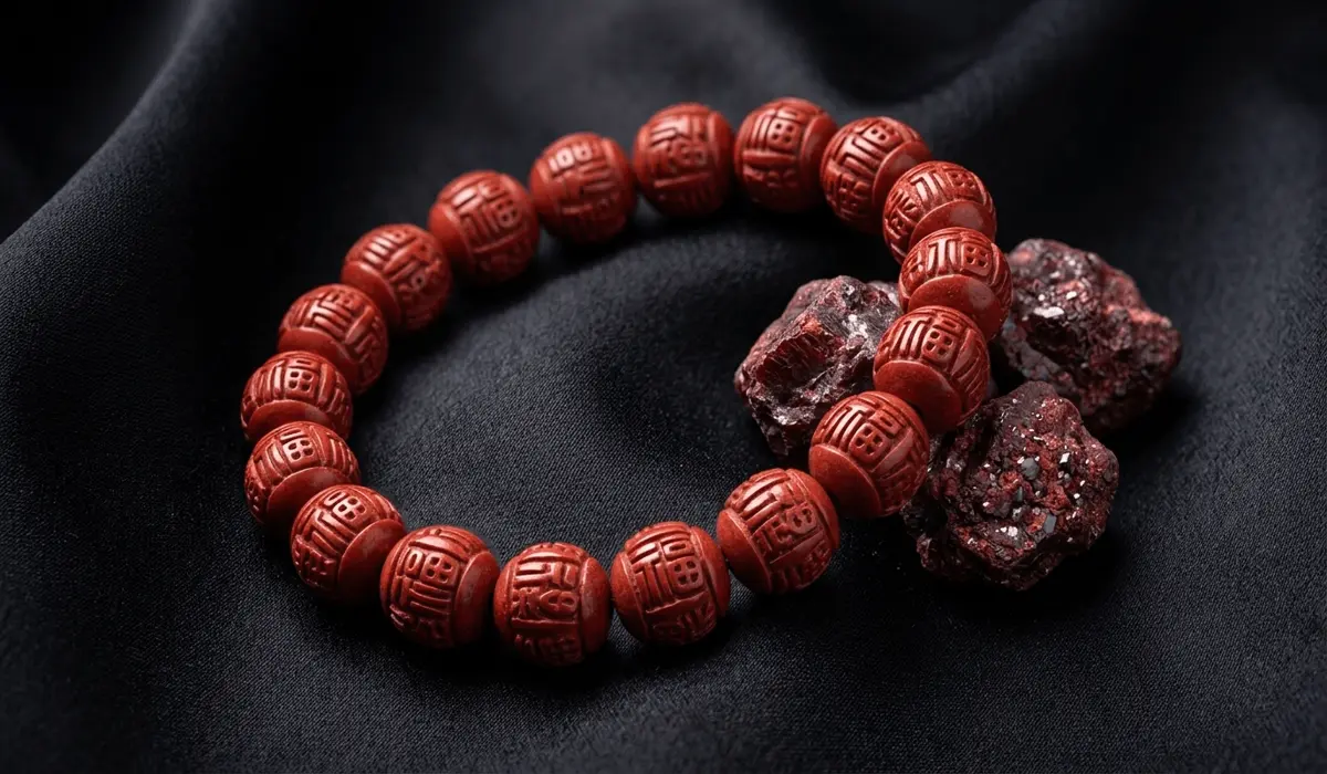 A detailed close-up of a carved red cinnabar bracelet with traditional prosperity symbols, representing its mineral composition and historical origin.