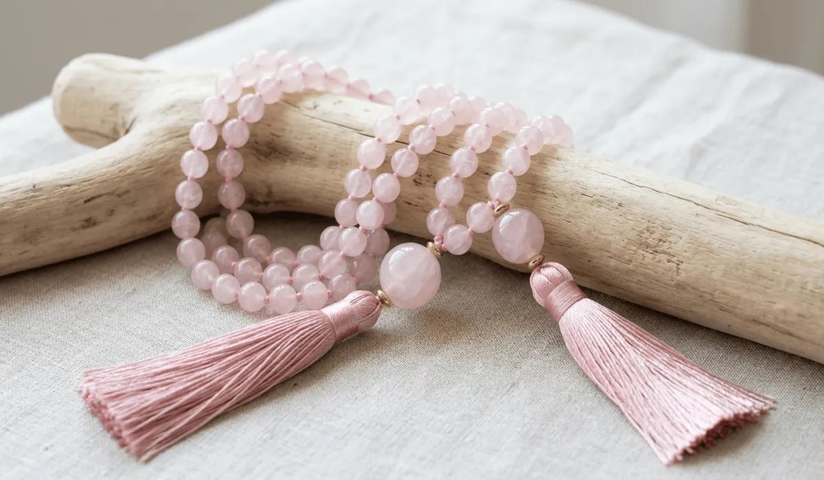 High-quality 108 rose quartz mala beads with a pink silk tassel on a wooden background, representing the heart stone and unconditional love.