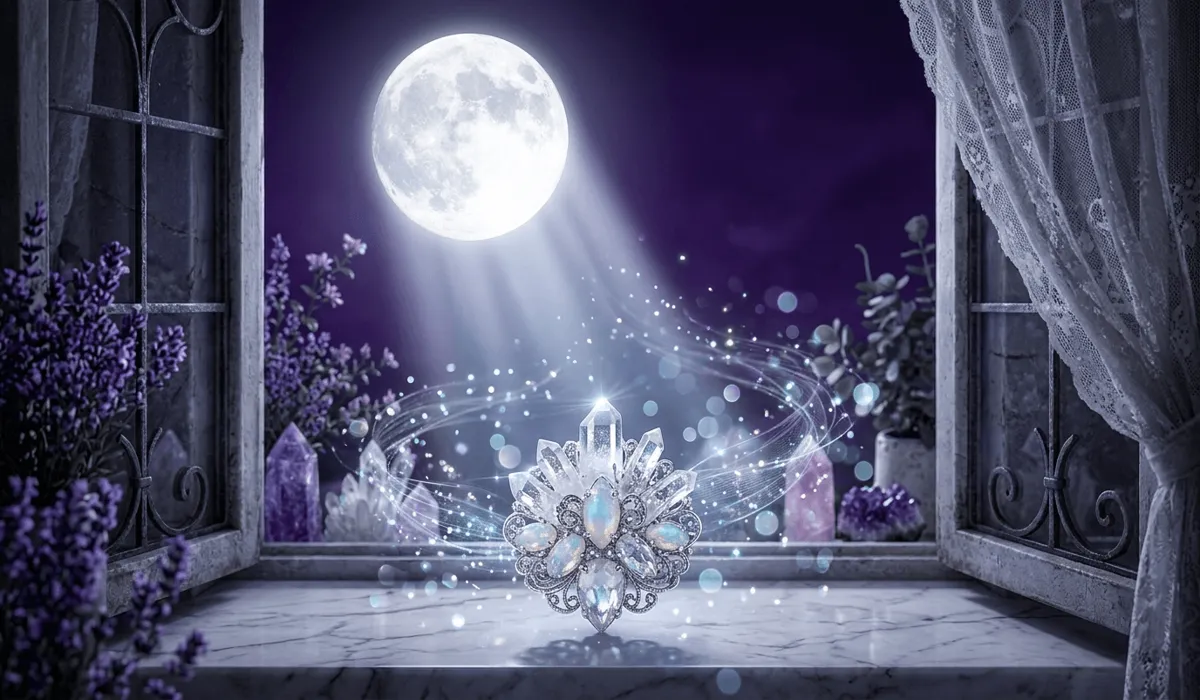 A crystal brooch charging under the moonlight on a windowsill to restore its positive energy and vibration.