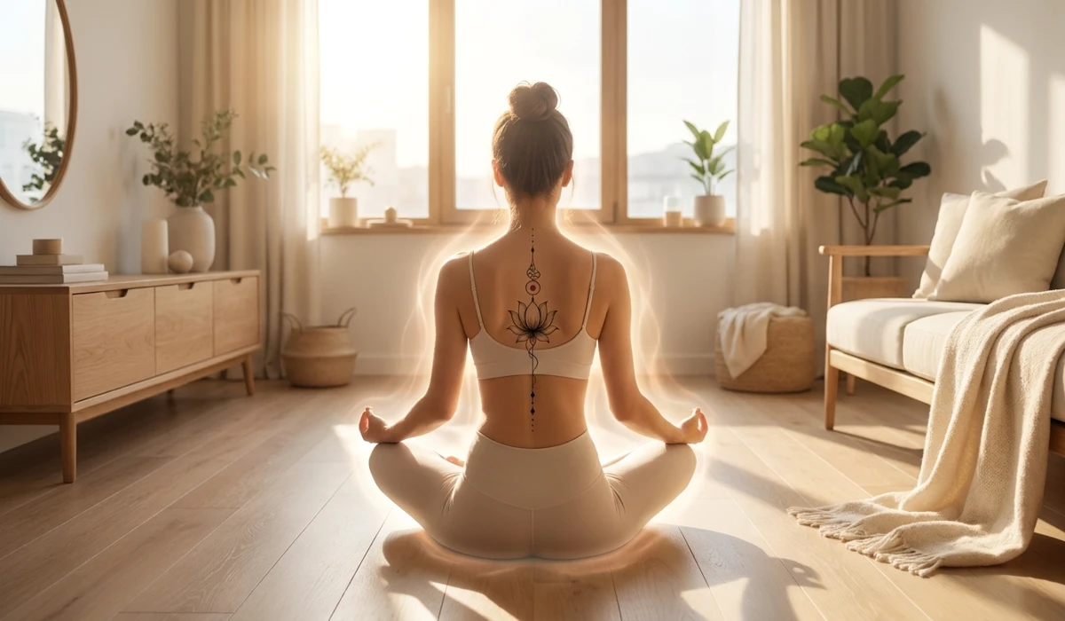 A woman meditating with a Unalome and Lotus tattoo, symbolizing mindfulness and chakra alignment in the digital age.