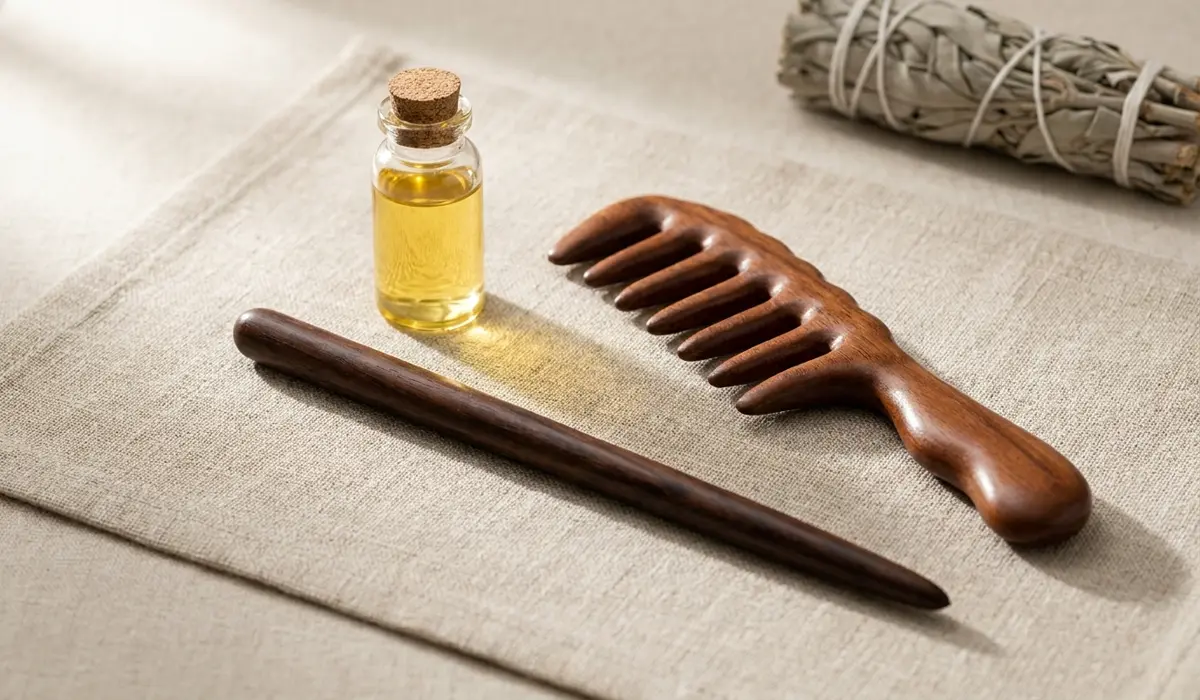 Essential tools for mindful hair styling including a wooden hair stick, wide-tooth comb, and organic oil on a linen surface.