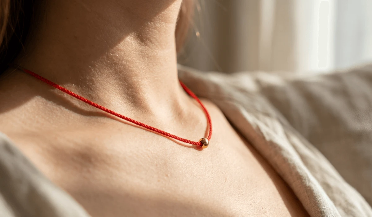 A delicate red string protection necklace worn near the collarbone, symbolizing spiritual protection and grounding.