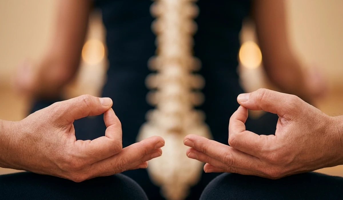 Close-up of hand mudras and vertical spine alignment for effective chakra energy conduit.