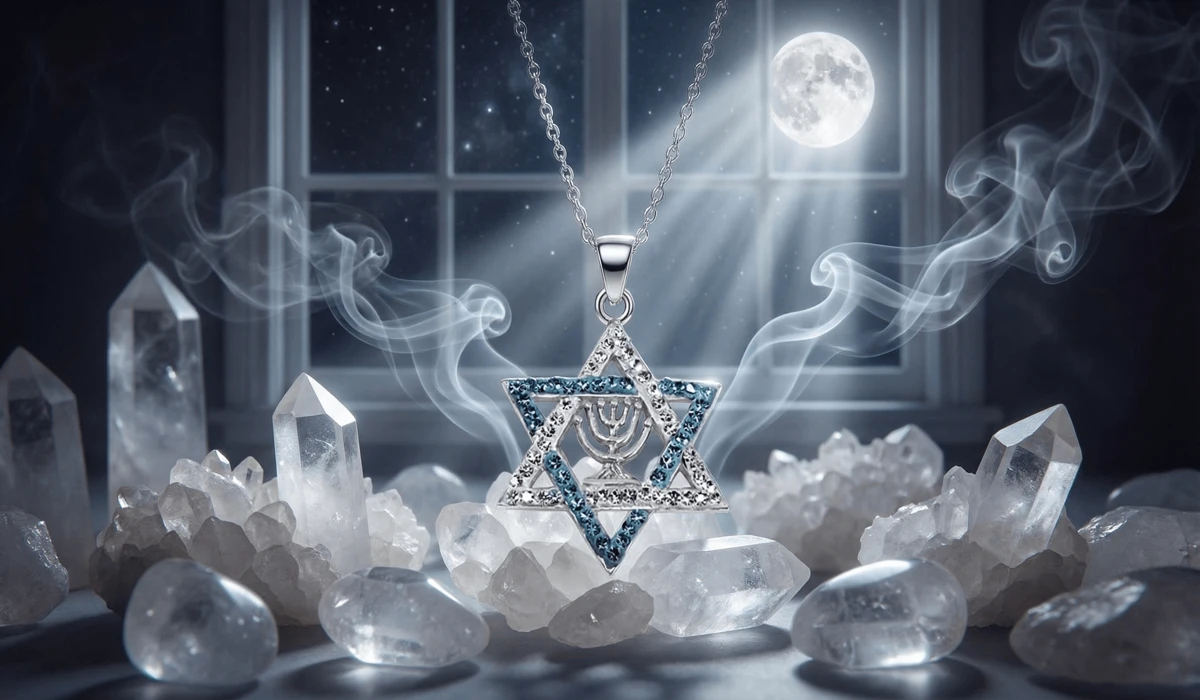 Star of David necklace being cleansed with moonlight and sage on a crystal cluster to recharge its protective energy.