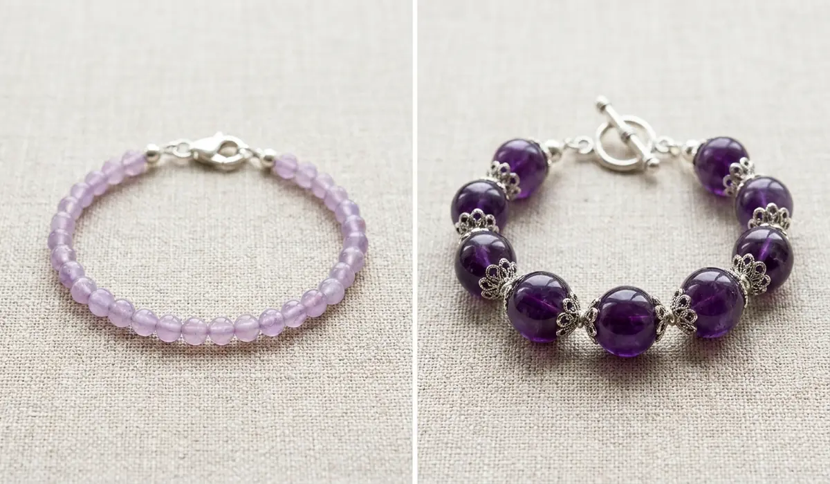 Comparison between a small 4mm child's amethyst bracelet and a large 10mm adult's spiritual bracelet showing size difference.