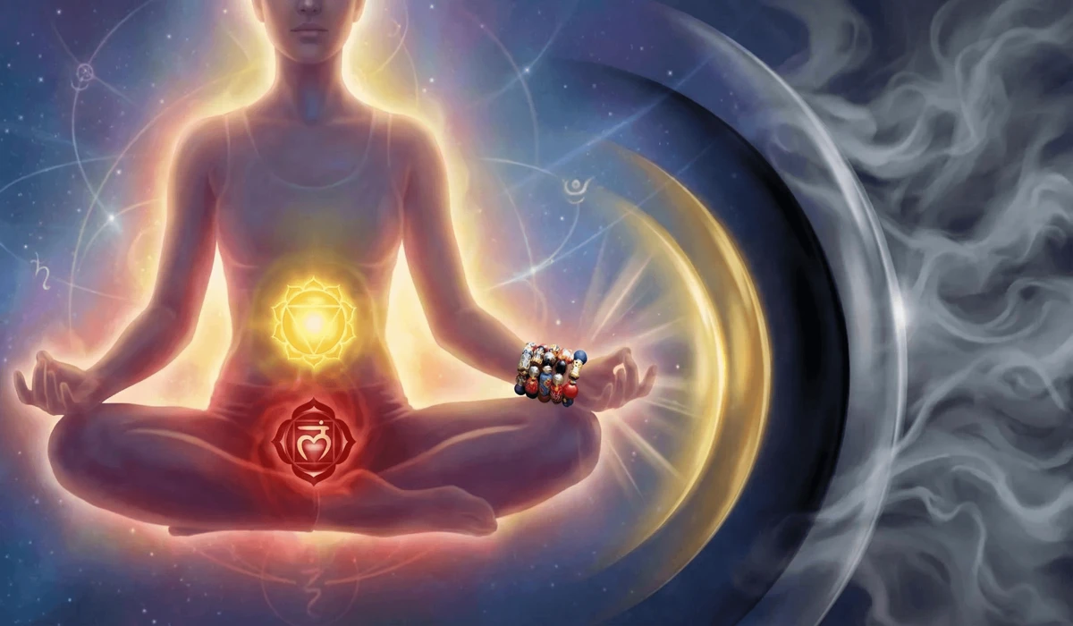 Conceptual illustration of a Triple Protection Bracelet creating a spiritual shield of light around a person's aura for energy protection.