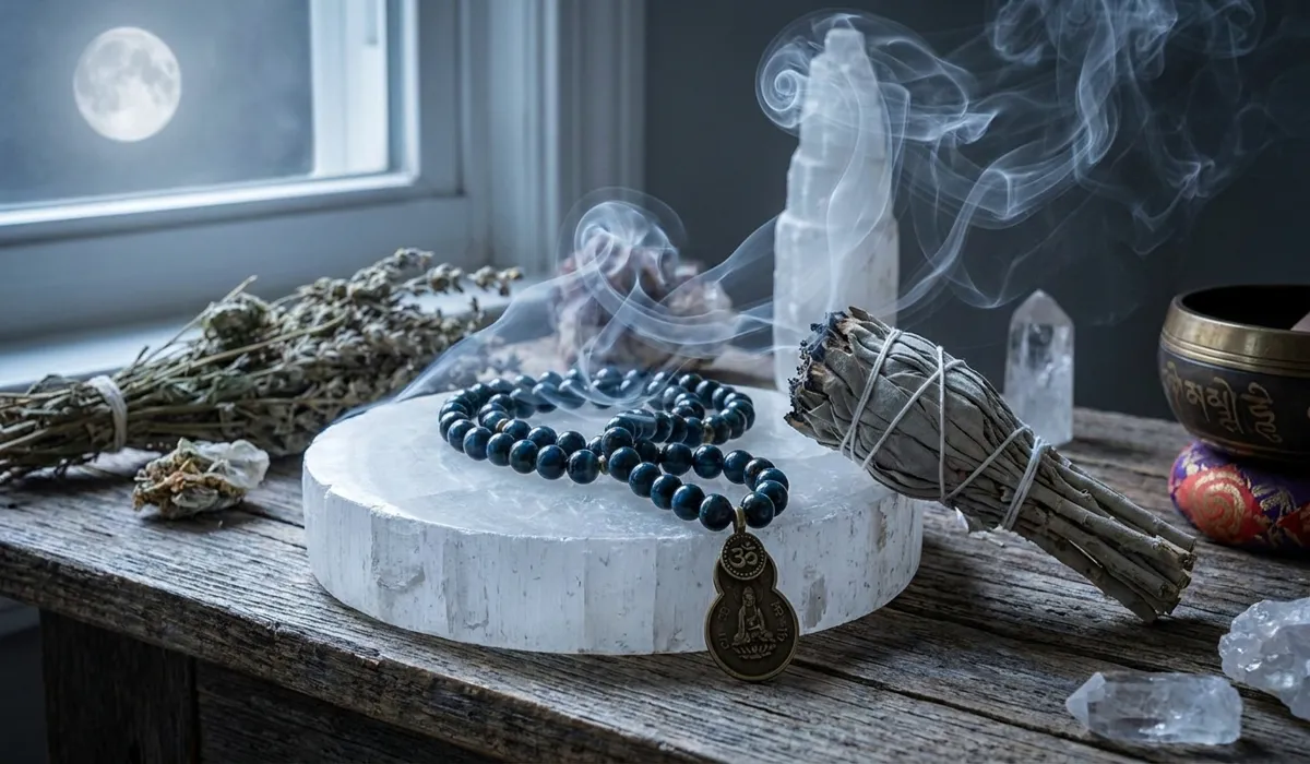 Blue Tiger Eye mala beads being cleansed with sage smoke and charged on a selenite plate under moonlight.