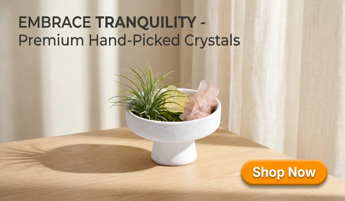 DIY Crystal Meditation Zen Garden with Raw Quartz and Air Plant in a white ceramic bowl, perfect for home office decor and mindfulness.