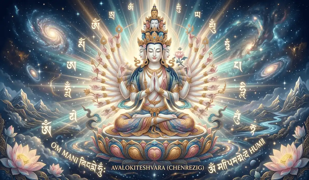 Artistic rendering of eleven-headed Avalokiteshvara Chenrezig surrounded by glowing Om Mani Padme Hum characters symbolizing sacred protection origins.