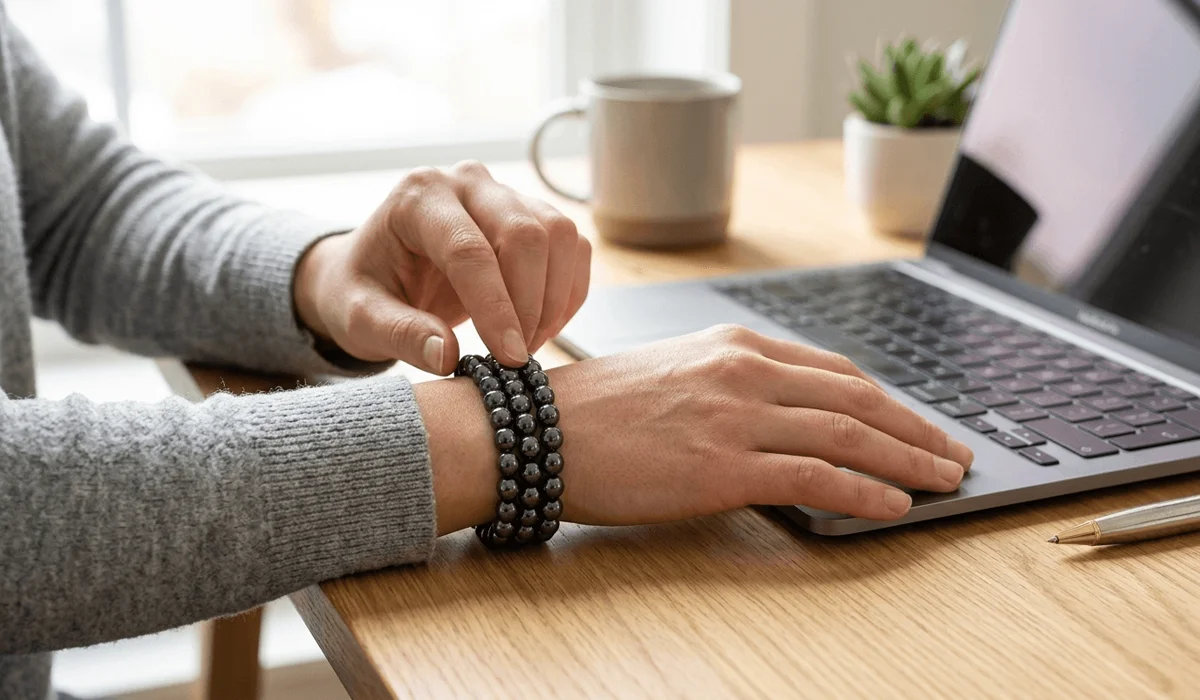 A person wearing a protective hematite bracelet on the left hand for mental clarity and emotional balance in a workspace.