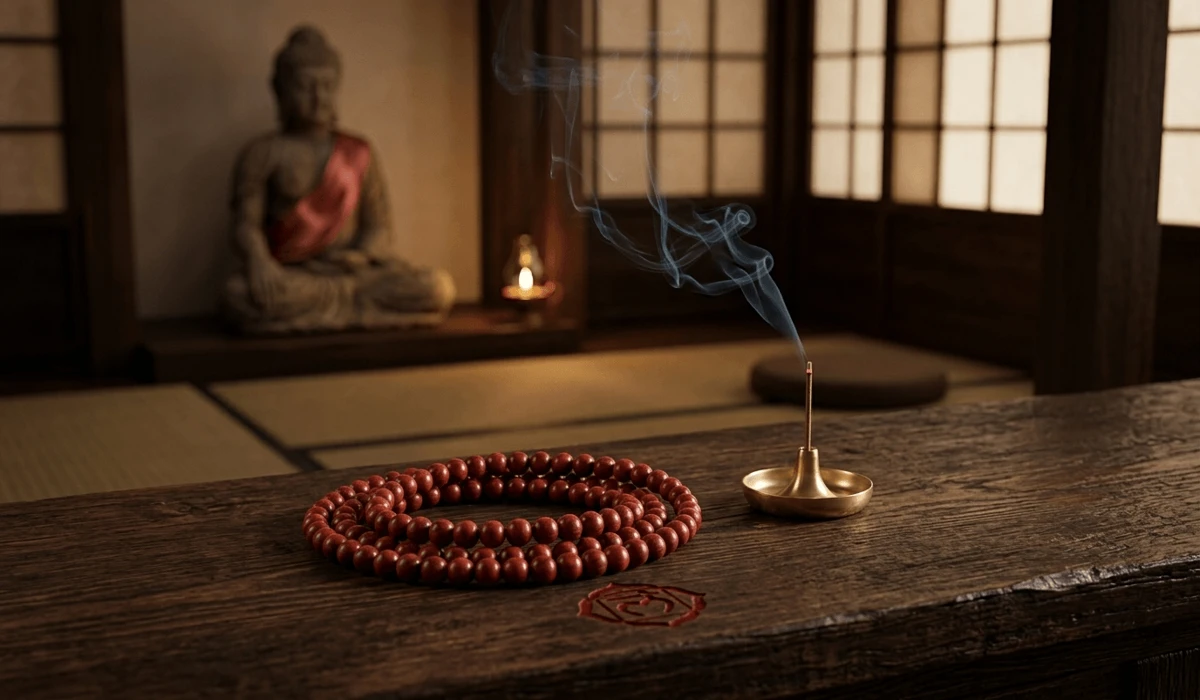 Red sandalwood prayer beads on a sacred altar with incense smoke, representing spiritual grounding and meditation.