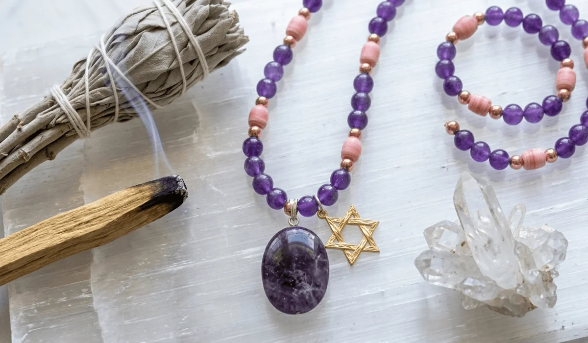 Star of David jewelry being cleansed on a Selenite crystal with sage and palo santo to restore its protective vibrations.