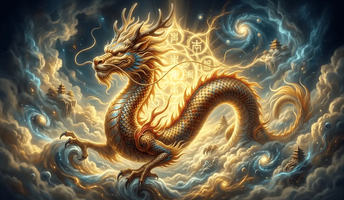 Mythological Chinese Dragon showing composite anatomy and celestial harmony in clouds.