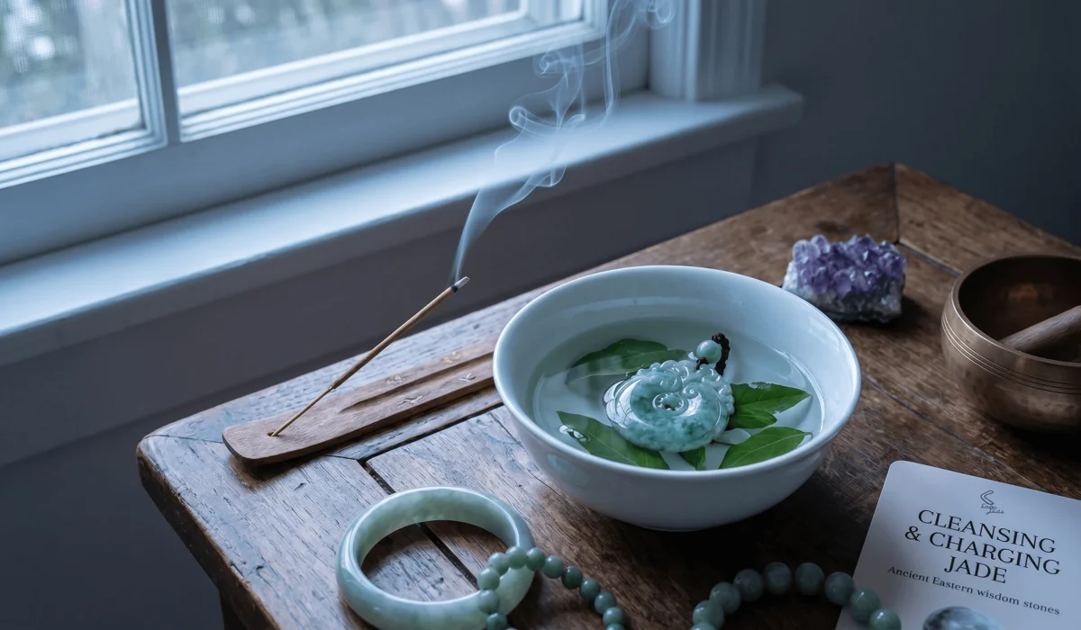 A ritual setting showing how to cleanse and charge a Jade stone using water, moonlight, and sacred smoke.