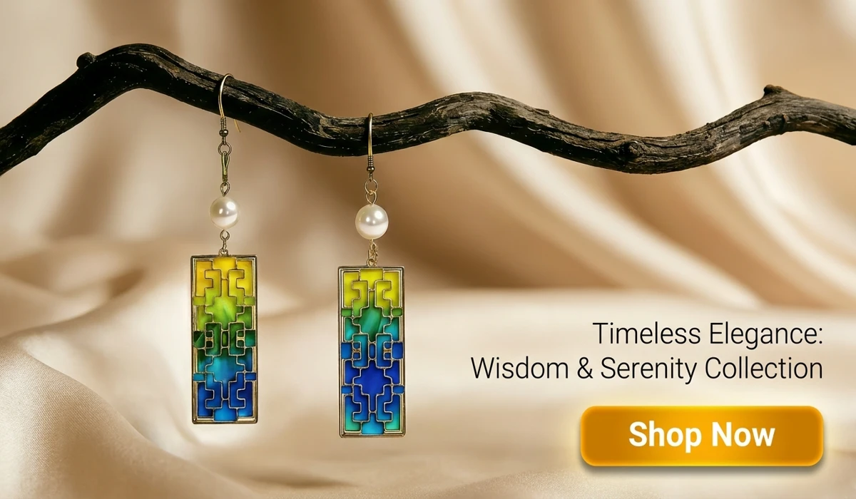 Zen Lattice Mulberry Silk & Filigree Earrings featuring blue and yellow gradient enamel and white pearls, displayed in a serene oriental-style setting.