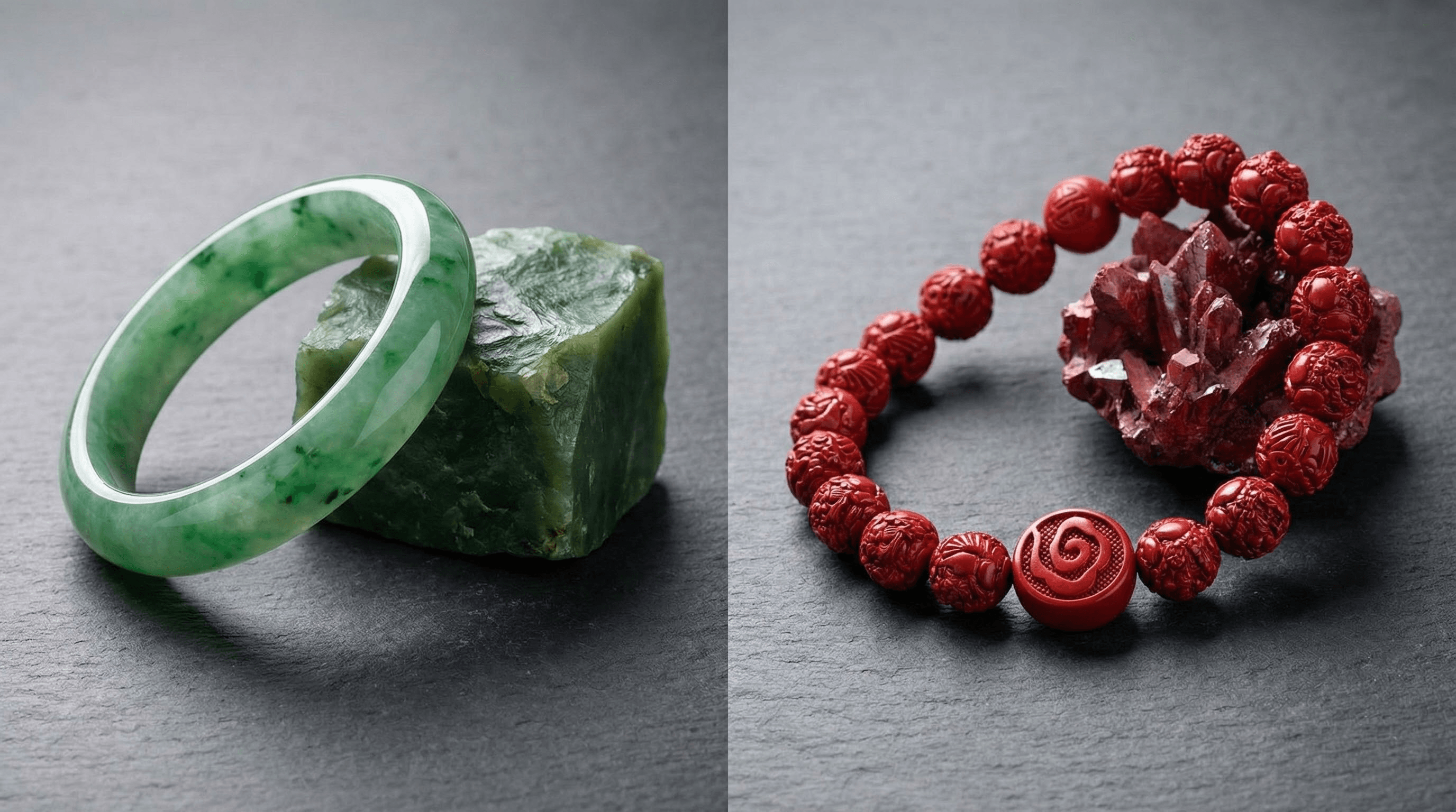Comparison of authentic green jade jewelry and red cinnabar beads showing their unique textures and colors.