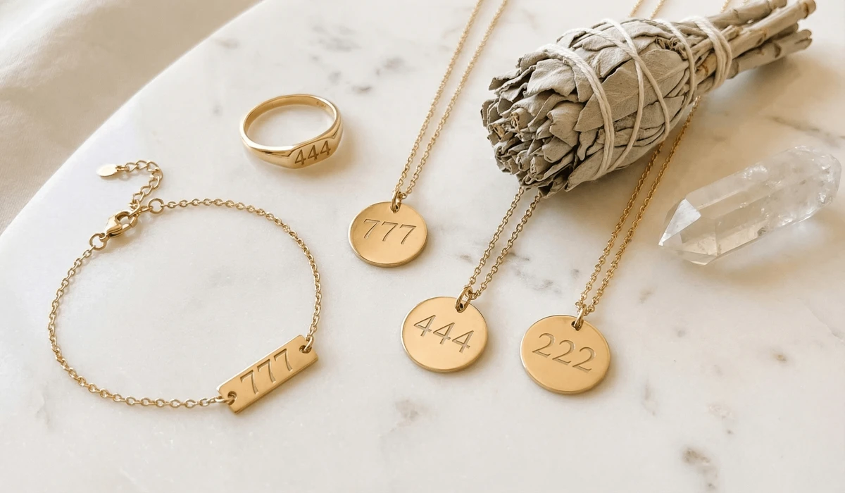 Collection of dainty gold angel number jewelry with spiritual cleansing elements like sage and quartz.