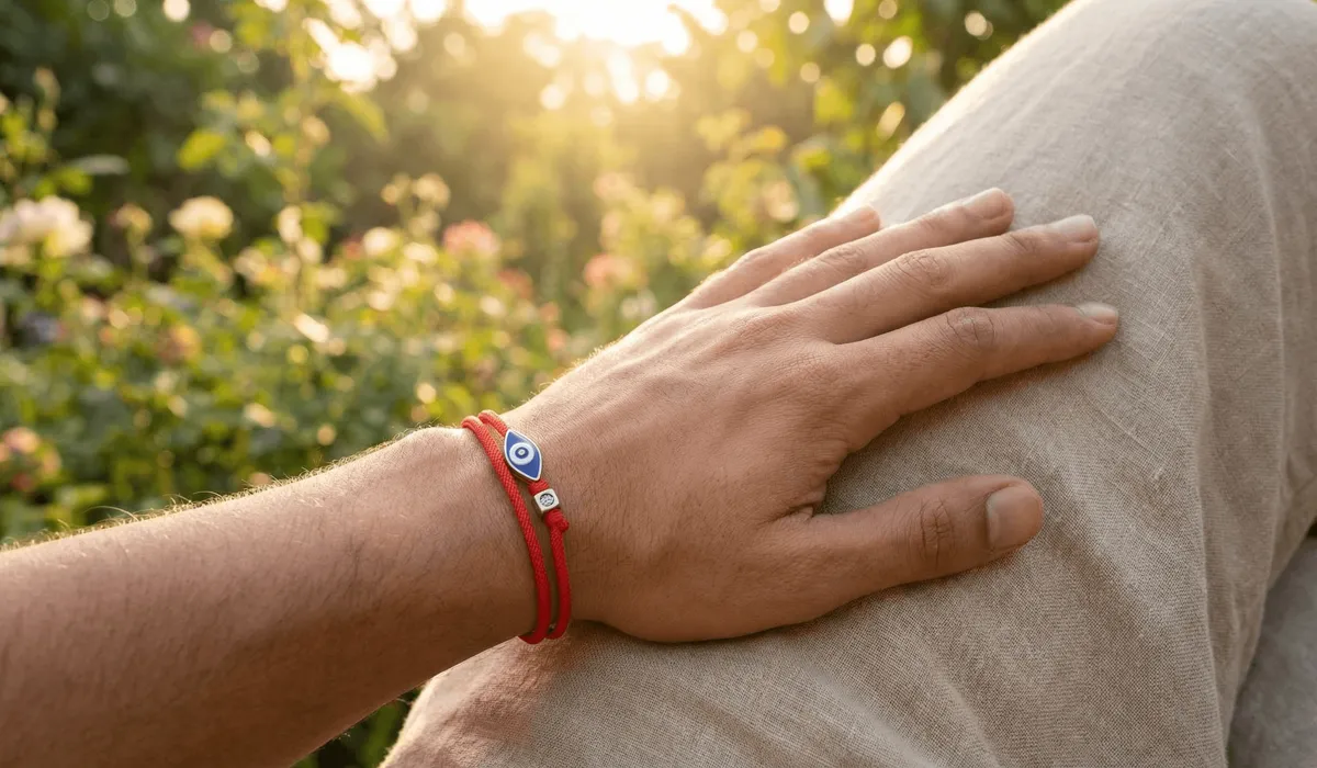 A person wearing a red string evil eye bracelet on their left wrist, held over the heart to symbolize receiving protective energy.