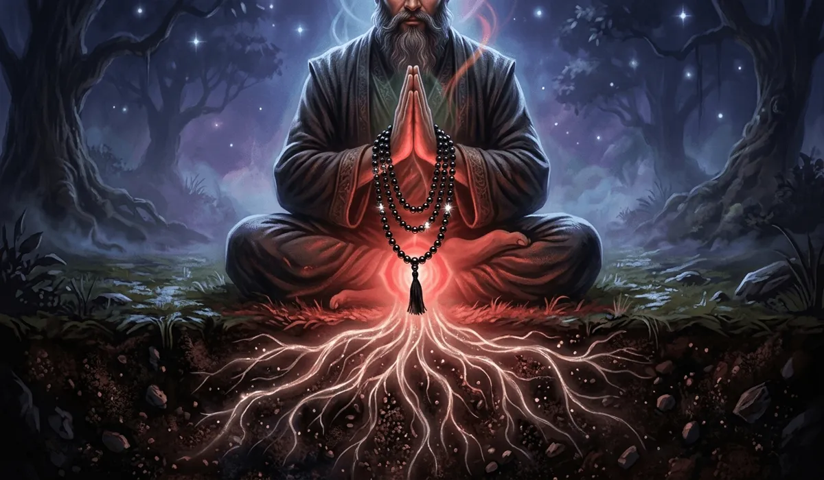 Spiritual representation of root chakra grounding and energy alignment using black obsidian mala beads during meditation.