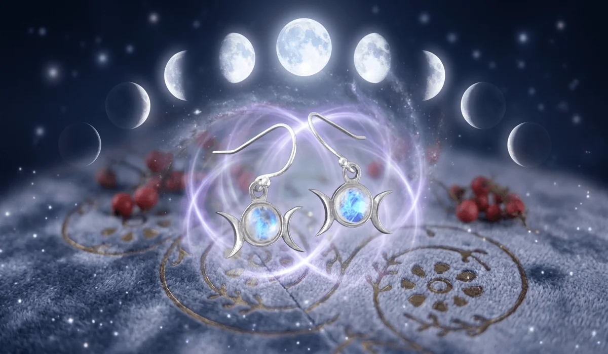 Spiritual illustration of moonstone earrings with moon phases and chakra energy symbols.