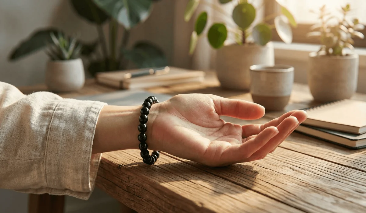 Black Tourmaline beaded bracelet worn on the wrist for daily protection and grounding in a modern lifestyle setting.