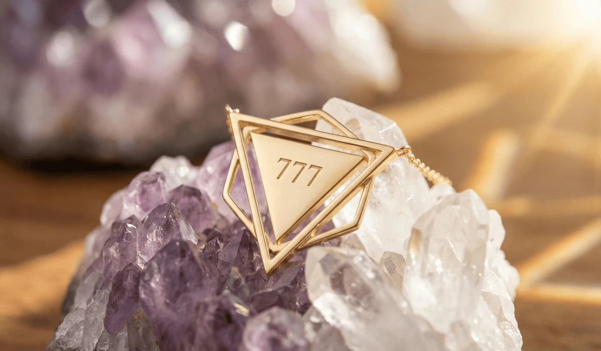 High-quality angel number jewelry sitting on healing crystals to serve as a spiritual anchor and manifestation tool.
