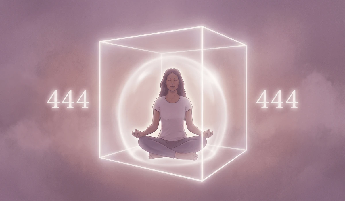 Spiritual meditation ritual featuring the angel number 444 for relationship stability and divine protection.