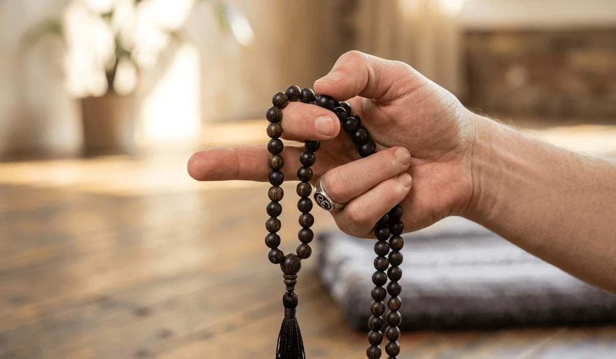 Detailed view of the correct finger placement and hand position for using Karungali beads during Japa mantra counting.
