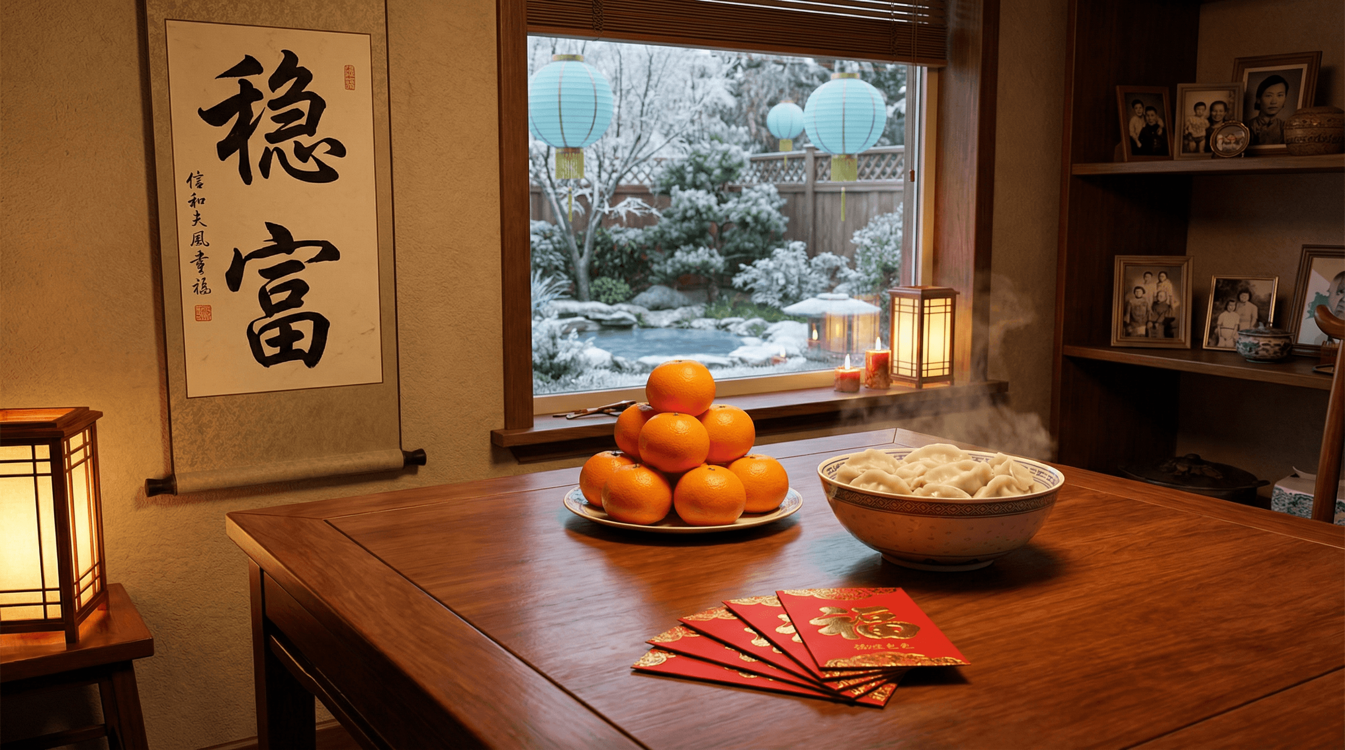 A festive Lunar New Year scene with oranges, dumplings, and red envelopes on a wooden table with a North-facing garden view.